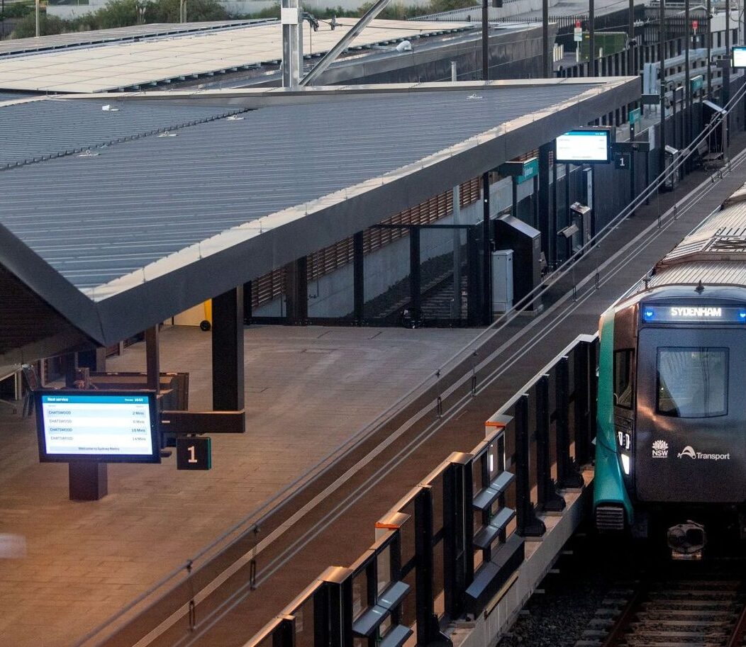 Metro train at the platform at Sydenham Metro Station, Sydney. 2024. Copyright State of New South Wales (Transport for NSW)