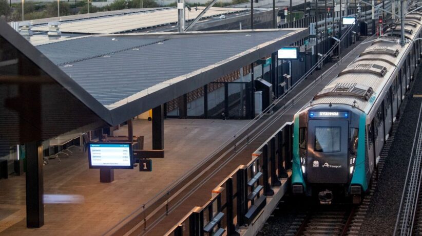 Metro train at the platform at Sydenham Metro Station, Sydney. 2024. Copyright State of New South Wales (Transport for NSW)