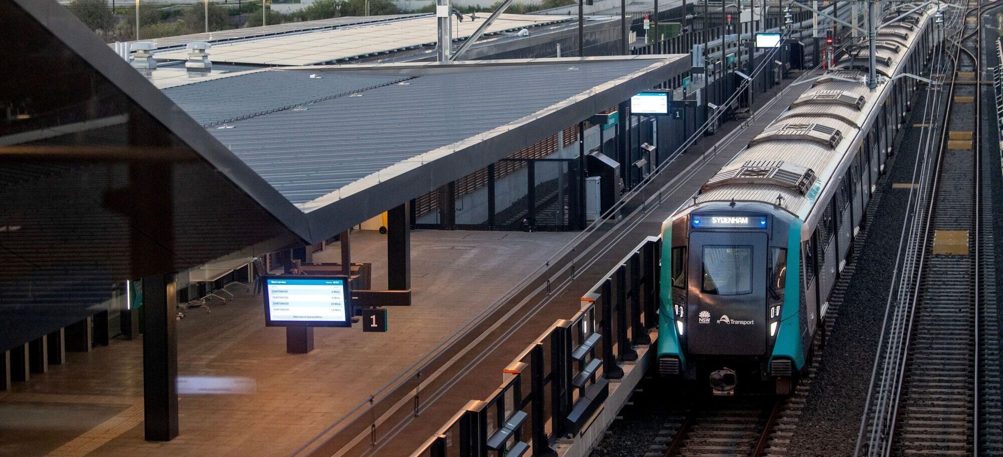 Metro train at the platform at Sydenham Metro Station, Sydney. 2024. Copyright State of New South Wales (Transport for NSW)